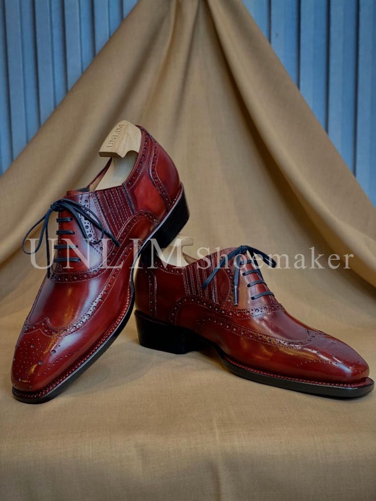 Giày Oxford Brogue Đỏ Rượu Vang Da Bò Ý - detail images