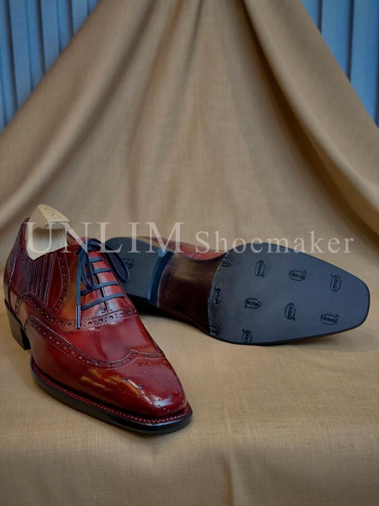 Giày Oxford Brogue Đỏ Rượu Vang Da Bò Ý - detail images