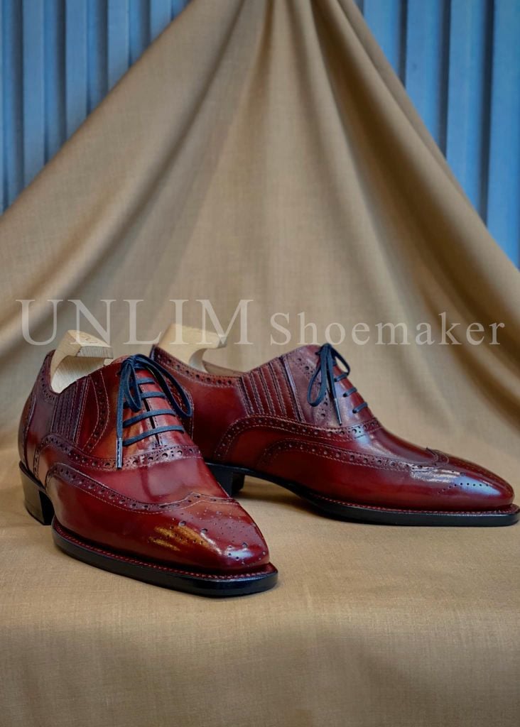 Giày Oxford Brogue Đỏ Rượu Vang Da Bò Ý - detail images