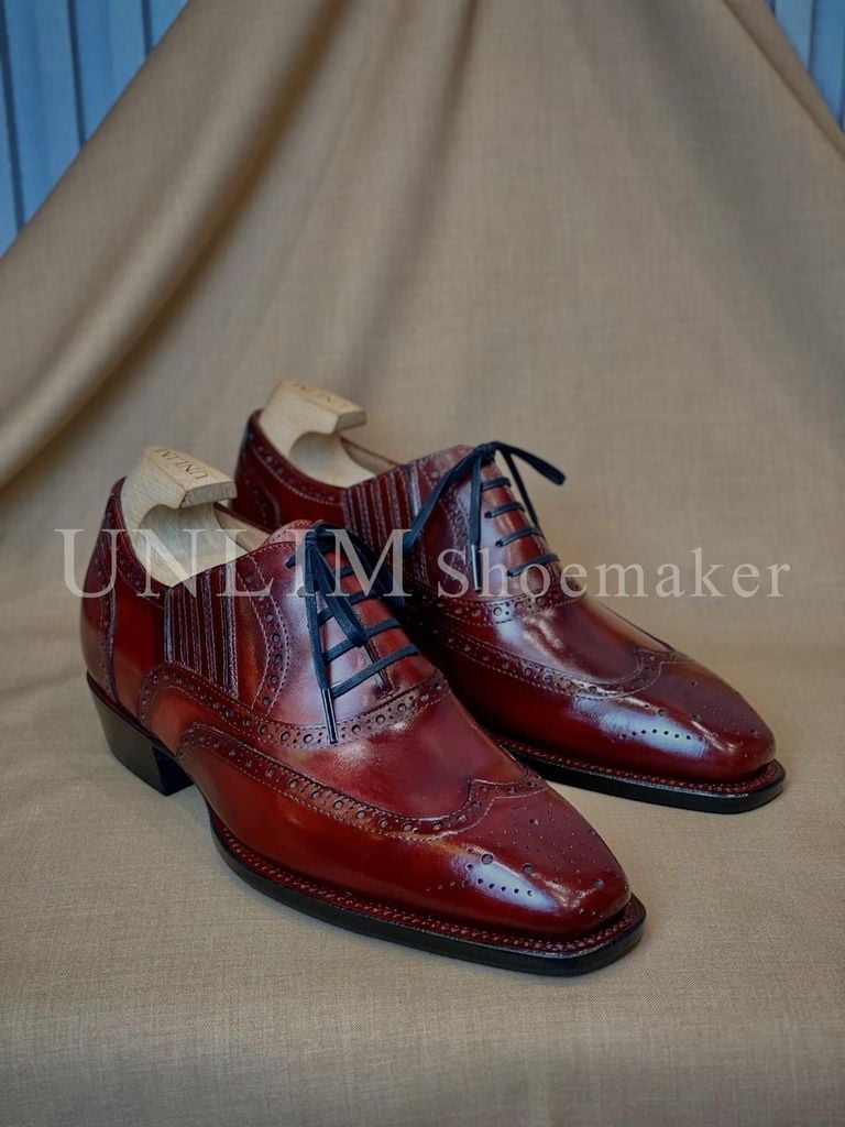 Giày Oxford Brogue Đỏ Rượu Vang Da Bò Ý - detail images